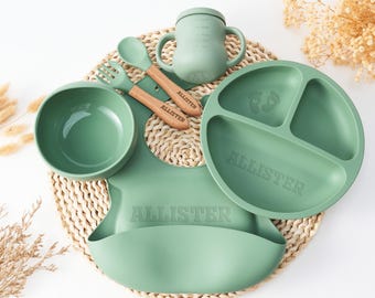 Personalized Silicone Weaning Set,Cartoon Weaning Set for Toddler Baby Kids,Feeding Set with Name,Eco-Friendly,Baby Plate,Baby Shower Gift