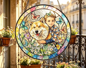 Personalized Pet Memorial Stained Glass Photo Suncatcher,Handmade Dog Portrait for Pet Loss Keepsake Gifts