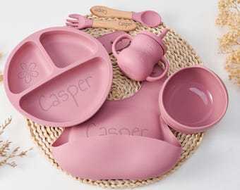 Personalized Dusty Pink Silicone Baby Weaning Set,Custom Toddler Feeding Plate and Bib,Baby Shower Gift,Handmade Essentials Baby Shower Gift
