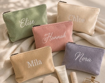 Personalized Makeup Bag with Name, Embroidered Corduroy Cosmetic Bag, Custom Makeup Pouch, Gift for Her, Bridesmaid Gift
