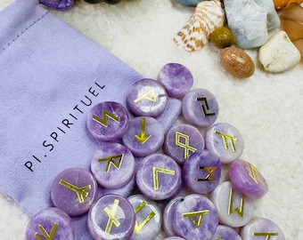Natural Kunzite Divination Runes - Set of 25 Engraved Runes with Pouch