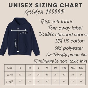 May include: Navy blue unisex hoodie with a sizing chart. The chart includes chest measurements from 20" to 34" and length measurements from 27" to 34". Features include thick soft fabric, tear away label, and double stitched seams.