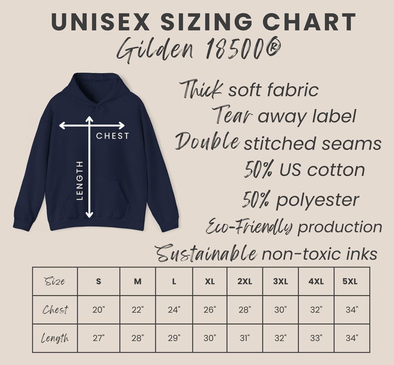 May include: Navy blue unisex hoodie with a sizing chart. The chart includes chest measurements from 20" to 34" and length measurements from 27" to 34". Features include thick soft fabric, tear away label, and double stitched seams.