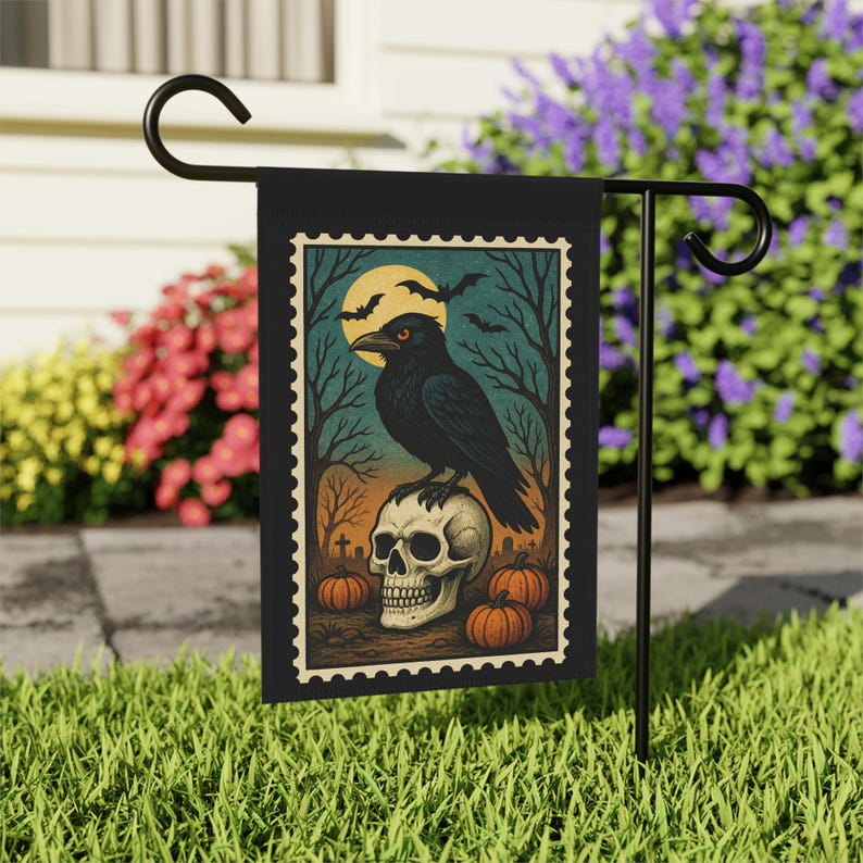 Halloween Decorative Yard Flag, Gifts-for-Halloween, Gift-for Halloween-Lover, Gifte-for Halloween, Crow Lover Gifted, Black Raven Crowing image 2