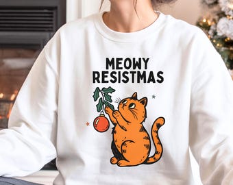 Meawy Resistmas Holiday Sweatshirt, Barnlös Kattkvinna Sweatshirt
