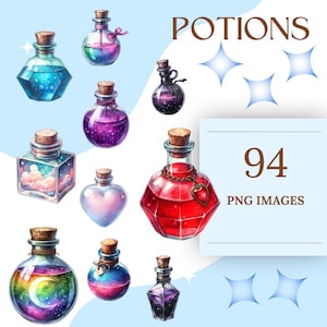 Könnte beinhalten: Ein Set mit 94 digitalen Illustrationen von bunten Zaubertrankflaschen mit verschiedenen Designs, darunter Sterne, Wolken, Herzen und Monde. Die Flaschen haben unterschiedliche Formen und Größen, und einige haben Korkstopfen. Der Text "POTIONS" und "94 PNG IMAGES" ist im Bild sichtbar.