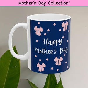 Pink Bows Navy Aesthetic Ceramic Mug, Mother&#39;s Day Gift Idea, Coffee Cup, Tea Mug, Kitchen Decor, Gift for Her, Birthday Present