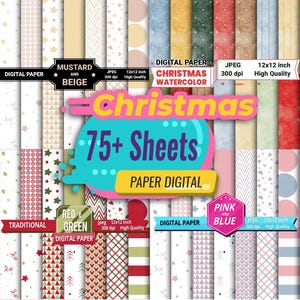 Puede incluir: Una colección de hojas de papel digital con varios patrones y colores, incluyendo estrellas, rayas y diseños geométricos. La imagen presenta el texto "Christmas 75+ Sheets" y etiquetas como "Mustard and Beige", "Christmas Watercolor", "Red & Green" y "Pink and Blue."