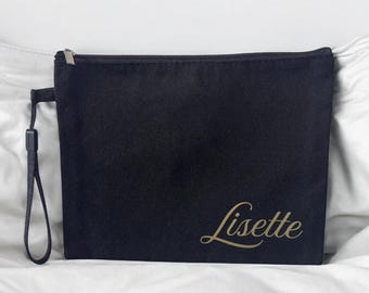 Personalized Black Makeup Bag with Gold Text, Bridesmaid Gift, Custom Gift for Her, Maid of Honor Gift,  Monogram Bag, Bridesmaid Proposal