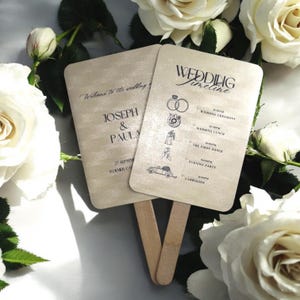 Gold Wedding Hand Fan, Printed and Asembled Wedding Paddle Fans, Wedding Favor, Minimal Wedding Itinerary Fan, Wedding Program Fan