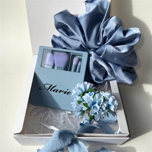 Personalized Blue Bridesmaid Proposal Box Set: Satin Scrunchie & Brush Set
