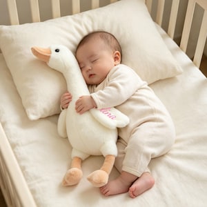 May include: A plush white goose toy with a long neck, orange beak, and orange feet. The toy features the name Lina embroidered in pink cursive script on one of its wings. The goose has black button eyes and a soft, fuzzy texture throughout.