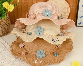 Personalized Kids Straw Hat & Mini Bag Set, Custom Name Embroidered Kids Sun Hat, Girls Beach Hat, Flower Girl Summer Outfit