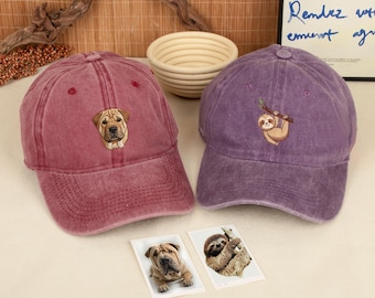 Custom Embroidered Dad Hat, Personalized Pet Portrait Hat, Vintage Washed Baseball Cap, Minimalist Name Hat, Dog Mom Gift, Custom Pet Hat