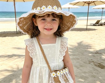 Kids Straw Hat and Bag Set Daisy Lace Sun Hat Toddler Summer Beach Hat Floral Woven Hat Cute Girls Vacation Outfit