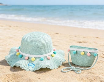 Personalized Kids Straw Hat & Mini Bag Set with Pom Pom, Custom Name Embroidered Summer Beach Hat for Girls, Toddler Vacation Gift