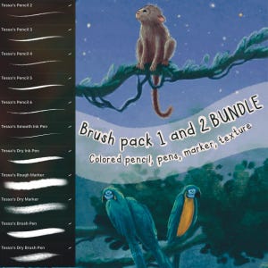 以下が含まれることがあります： デジタルアートブラシパックバンドル。枝にいる猿と2羽の青いオウムが描かれています。「Brush pack 1 and 2 BUNDLE」の文字と「Colored pencil, pens, marker, texture」の文字が下にあります。左側にはブラシストロークのサンプルがあります。