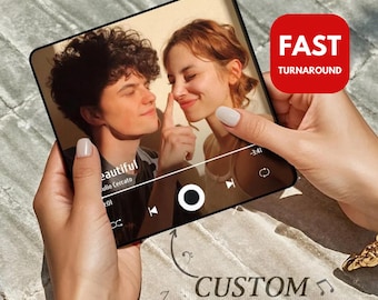 May include: A smartphone displaying a photo of a couple, with music controls visible. The screen shows the word "beautiful" and the text "CUSTOM MUSIC & PHOTO". A red square with the words "FAST TURNAROUND" is in the upper right corner.