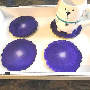 Set of 4 Geode Coasters, purple with gold rims
