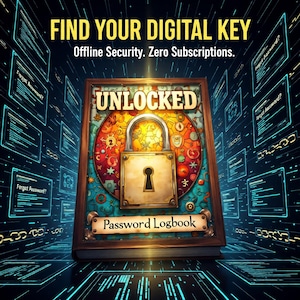 May include: An illustrated password logbook with a golden padlock and the word "UNLOCKED". The book is labelled "Password Logbook" and the text "FIND YOUR DIGITAL KEY" is at the top. The background features digital code.