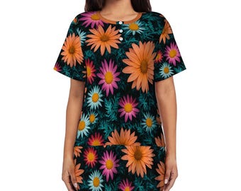 Floral Pajama Set for Women Crew Neck Short Sleeve