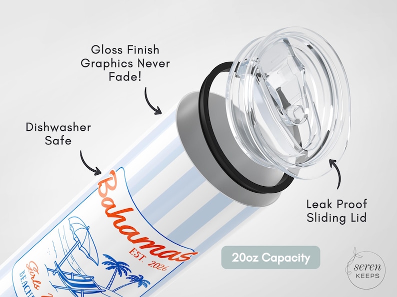 May include: A white and blue striped tumbler with a clear lid. The tumbler features a "Bahamas" graphic with a beach scene. It has a 590ml capacity and a leak-proof sliding lid. The graphics never fade and it is dishwasher safe.