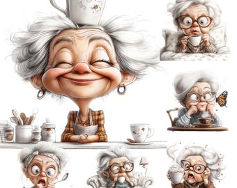 24 Funny Old Ladies Clipart Pack with Hot Coffee Clipart, Cute Grandma Clipart, Quirky Funny Grandma Cartoon Old People Grandma Illustration