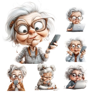 24 Funny Old Ladies Clipart Pack, Cute Grandma Clipart, Quirky Funny Grandma Cartoon, Watercolor Funny Old Lady Png, Grandma Illustration
