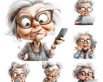 24 Funny Old Ladies Clipart Pack, Cute Grandma Clipart, Quirky Funny Grandma Cartoon, Watercolor Funny Old Lady Png, Grandma Illustration