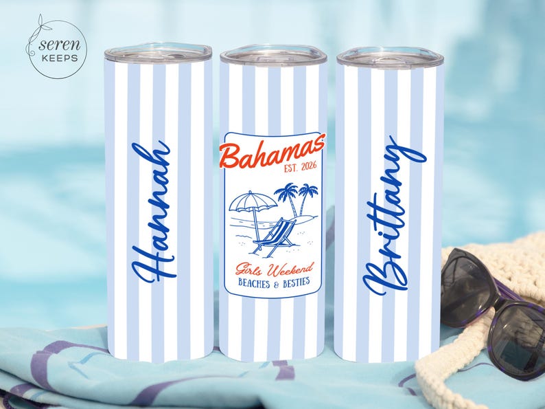 May include: Three insulated stainless steel travel mugs with a blue and white striped design. One mug has the name "Hannah" in blue script, another has a "Bahamas" graphic, and the third has the name "Brittany". The "Bahamas" graphic includes a beach scene.
