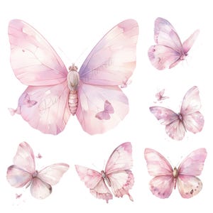 Pacote com 35 clipart de borboletas rosas, downloads de borboletas em aquarela, clipart botânico de jardim de borboletas de fantasia, impressão de borboletas coloridas