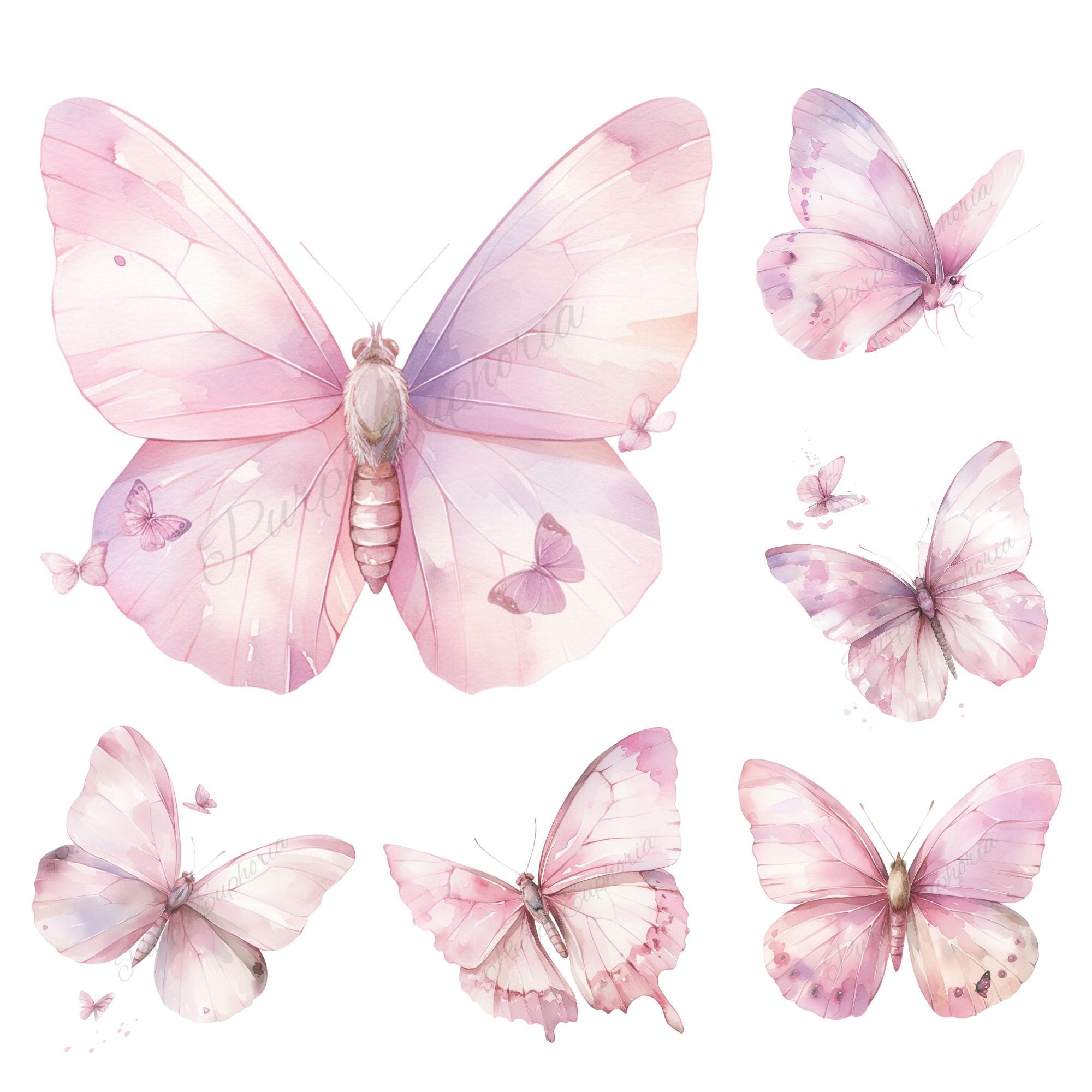 35 Pink Butterflies Clipart Pack, Watercolor Butterfly Downloads, Fantasy Butterflies Garden Botanical Clipart, Colorful Butterflies Print
