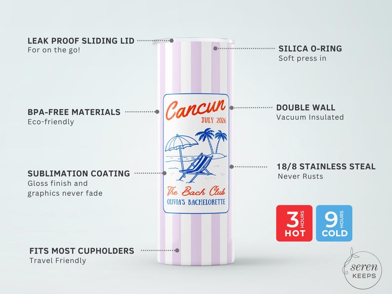 May include: A stainless steel travel mug with a pink and white striped design. The mug has a beach scene with the text "Cancun July 2026" and "The Bach Club Olivia's Bachelorette". Keeps drinks hot for 3 hours and cold for 9 hours.