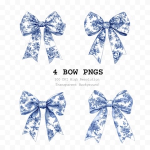 4 Toile Chinoiserie Bow Png Bundle, Christmas Coquette Blue Bow Prints Toile de Jouy Coquette Prints, Blue Willow Bow Trendy Sublimation