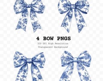 4 Toile Chinoiserie Bow Png Bundle, Christmas Coquette Blue Bow Prints Toile de Jouy Coquette Prints, Blue Willow Bow Trendy Sublimation