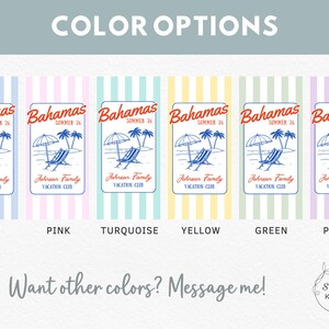 May include: A display of six colour options for a Bahamas-themed design. Each design features a beach scene with text that reads "Bahamas Summer 26" and "Johnson Family Vacation Club." The colours are blue, pink, turquoise, yellow, green, and purple.