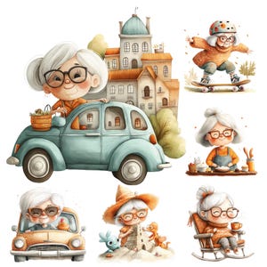 24 Funny Old Ladies Clipart Pack, Cute Grandma Clipart, Quirky Funny Grandma Cartoon, Watercolor Funny Old People Png Grandma Illustration