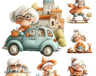 24 Funny Old Ladies Clipart Pack, Cute Grandma Clipart, Quirky Funny Grandma Cartoon, Watercolor Funny Old People Png Grandma Illustration