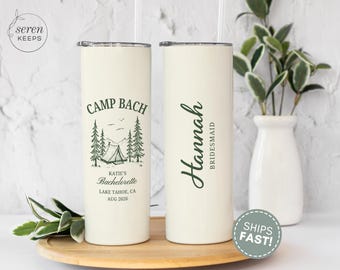Custom Camp Bachelorette Tumbler, Camp Bach Club Bridesmaids Tumbler, Personalized Bride Girls Trip Gift, Camping Lake, Cabin Crew Tumbler