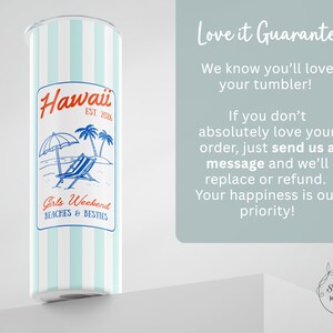 May include: A white tumbler with vertical light blue stripes. The tumbler features a design with the word "Hawaii" in red, palm trees, a beach chair, and the text "Girls Weekend Beaches & Besties."