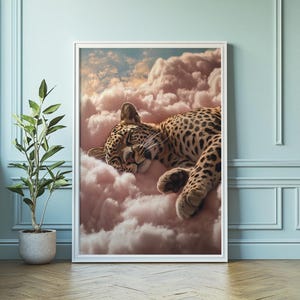 May include: A leopard sleeps peacefully on a fluffy pink cloud. The cloud is surrounded by a blue sky with white clouds.