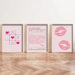 Juego de 3 impresiones de arte de pared con motivación y letras de amor, decoración de pared, impresión de labios rosados, el amor gana, galería de arte de pared de moda, decoración de pared preppy rosa femenina