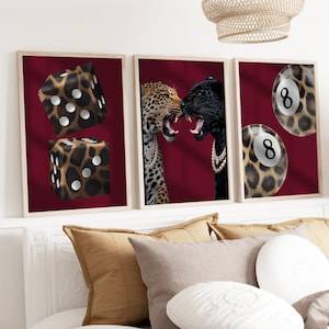 Burgundy Leopard and Jaguar Prints Set of 3 Wall Art Leopard Print Trendy Wall Art Gallery Preppy Bill Pool 8 Home Decor Dice Lucky Posters