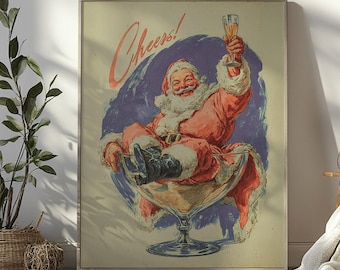 Plakat z napisem „Cheers” z Mikołajem w stylu vintage, zabawna sztuka ścienna w stylu retro, dekoracja wózka barowego „Santa Martini”, wydruk z koktajlem świątecznym – POBIERZ CYFROWO