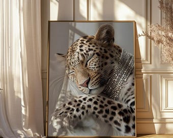 Sleepy Leopard Poster Cheetah Wall Art Maximalist Home Decor Modern Art Contemporary Art Trendy Leopard Print Printable Art Jewelry