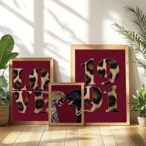 Custom Year Wall Art Trendy Leopard Aesthetic, Burgundy Wall Art Set of 3, Girly Dorm Decor, Leopard and Jaguar Poster, Print Love Letters