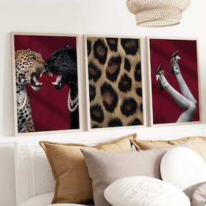 Burgundy Leopard and Jaguar Prints Set of 3 Wall Art Leopard Print Trendy Wall Gallery Preppy Cheetah Print Wall Art Butterfly Leopard Fur