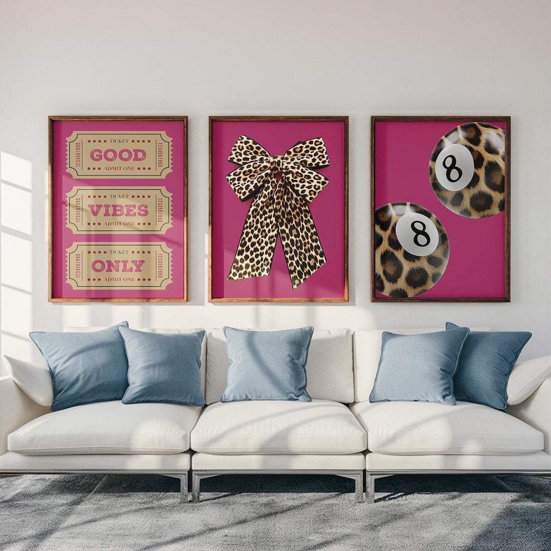 Leopard Hot Pink Prints Set of 3 Wall Art Print Pool Ball and Bow ...