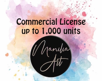 Puede incluir: Imagen con fondo de acuarela en tonos rosas, morados, naranjas y azules. El texto "Commercial License up to 1,000 units" se muestra sobre un círculo negro con las palabras "Manilia Art" en fuente cursiva.