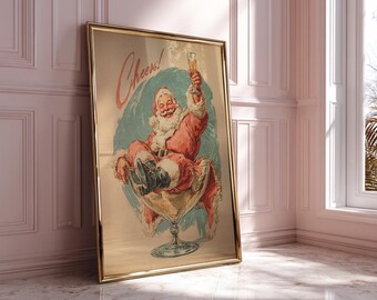 Plakat z napisem „Cheers” z Mikołajem w stylu vintage, wydruk z koktajlem świątecznym, zabawna sztuka ścienna w stylu retro, dekoracja wózka barowego Santa Martini (pobieranie cyfrowe)